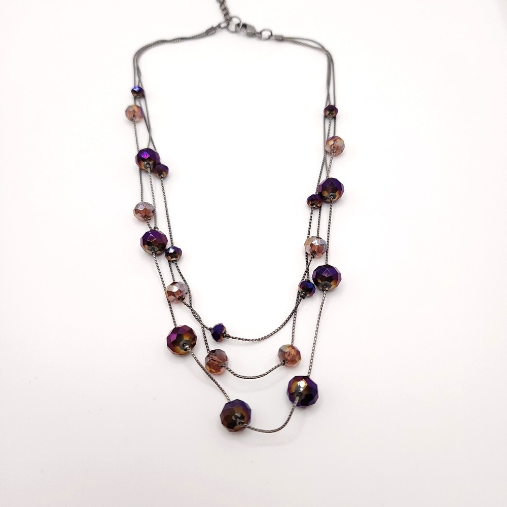 Triple Strand Purple Pink Glass Bead Necklace Silver‎ Tone Layered
